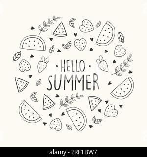 Handgezeichnete Sommerfrüchte mit Wassermelone und Erdbeere Stock Vektor