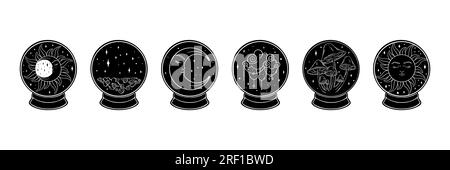 Crystall Ball Kollektion. Hexenbälle mit mystischen Kräften. Vektordarstellung isoliert auf weißem Hintergrund Stock Vektor