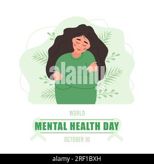 Poster zum Welttag für psychische Gesundheit. Glückliche Frau, die sich umarmt. Jährliche internationale Gesundheitskampagne. Vektordarstellung im flachen Cartoon-Stil Stock Vektor