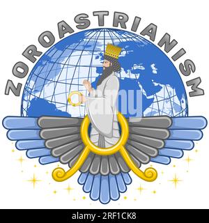 Zoroastrianismus, religiöses Vektordesign, Faravahar-Symbol mit Ahura Mazda und dem Planeten Erde Stock Vektor