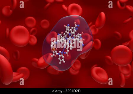B12-Vitamin-(Cobalamin-)Struktur in der Blutflusskugel und Stäbchen-Nahaufnahme 3D-Darstellung Stockfoto