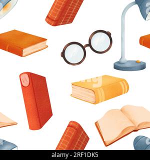 Wasserfarbenes, nahtloses Muster verschiedener Bücher, blaue Tischlampe, offenes Retro-Buch und runde Brillen. Wieder-zur-Schule-Illustration. Helle Illustration Stockfoto