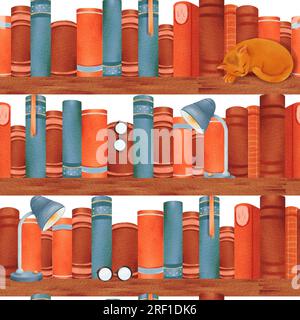 Wasserfarbenes dichtes, nahtloses Muster von Büchern, blaue Schreibtischlampe, offenes Retro-Buch und runde Gläser. Wieder-zur-Schule-Illustration. Helle Abbildung für Stockfoto