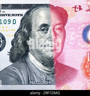 US-Dollar- und Yuan-Banknoten. US-Dollar gegen RMB: Ökonomisches Kriegskonzept Stockfoto