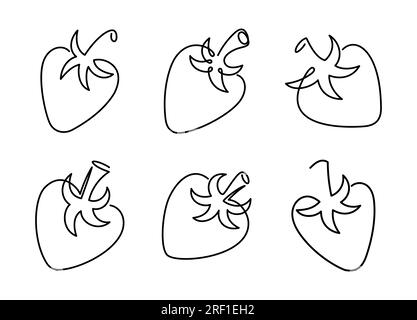 Erdbeersymbole gesetzt. Eine Zeile im Kunststil Erdbeere. Abstrakte kreative Essensdarstellung im minimalistischen Design. Handgezeichnete Vektordarstellung. Strichgrafik-Doodle-Illustration Stock Vektor