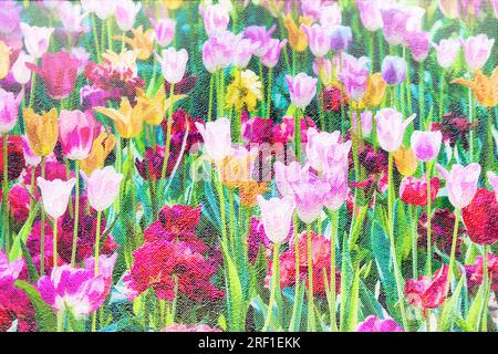 Auf einem Papierhintergrund mehrfarbige Blüten-Tulpen. Blumenmotiv im Sommer. Stockfoto