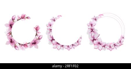 Aquarell rosa Magnolien Blumen , Knospen und Blätter Blumendesign runder Rahmen Set handgemalt Illustration isoliert Stockfoto