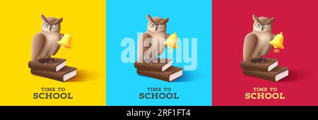 Informationsbroschüren oder Flyer mit Eulen in Gläsern, die auf Büchern mit Klingeln sitzen, zurück zur Schule, 3D-Abbildung Stock Vektor