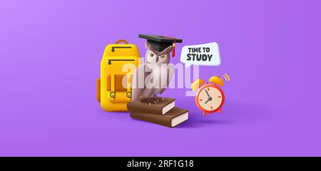 Zurück zum coolen Banner mit 3D-Darstellung einer Eule in einem Abschlussmütze, die auf Büchern mit Rucksack und Uhr und Sprechblase sitzt, Bildung Stock Vektor