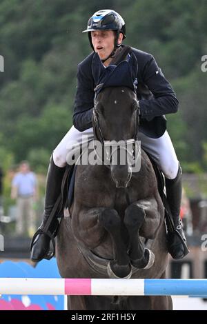 Prag, Tschechische Republik. 28. Juli 2023. Robin Muhr von Israel tritt beim Prag Cup CET, internationalen Springwettbewerben der CSIO4* Kategorie, Nationenpokal in Prag, Tschechische Republik, 28. Juli 2023 an. Kredit: Michal Kamaryt/CTK Photo/Alamy Live News Stockfoto