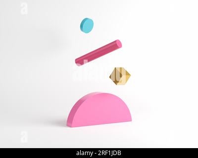 Abstrakte pastellfarbene geometrische Formen, die auf weißem Hintergrund schweben. Würfel- und Rundzylinder. 3D-Rendern. Stockfoto
