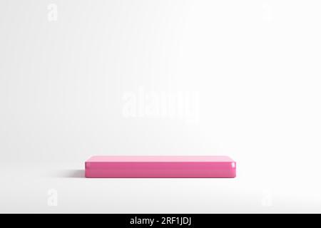 Pinkfarbenes rechteckiges Podium oder Plattform auf weißem Hintergrund für Produktpräsentation und -Präsentation. 3D-Rendern Stockfoto