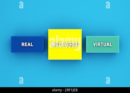 Metaverses Konzept. Die Wörter real, virtuell und Metaversum, die auf bunten Würfeln geschrieben werden. In einer virtuellen Welt echten Wert schaffen. 3D-Rendern. Stockfoto