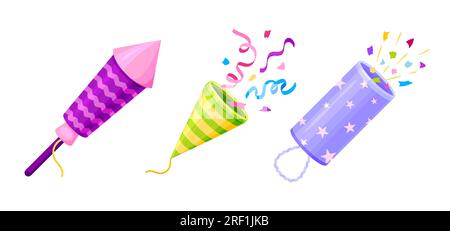 Feuerwerk Raketenparty Popper farbenfrohes Konfetti-Flachset. Pink Grün Purpur Capper Cracker Burst Cartoon Urlaub überraschend Papier Band Firecracker Icon Geburtstagskarte Überraschung Ereignis Begrüßung isoliert Stock Vektor