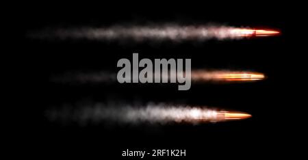 Fliegende Gewehrkugel mit Feuerrauchspurvektor. Geschwindigkeits-Schussverfolgung bis zum Ziel. Realistische isolierte militärische Munition, schneller Schussflug mit Flamme. 3D Gewehrwaffe Projektil goldene Stirnlampe Stock Vektor
