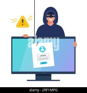 Daten-Phishing, Hacker-Angriffe. Maskierter Dieb-Hacker, der persönliche Informationen vom Computer stiehlt. Concept-Hacking. Vektordarstellung Stock Vektor