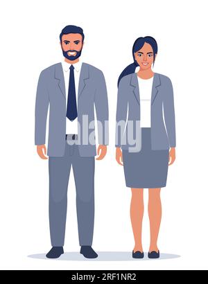 Eleganter junger Mann und Frau in Geschäftsanzügen. Flache Symbolik eines gut aussehenden erfolgreichen Geschäftsmanns Stock Vektor