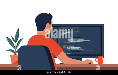 Junger Mann, der Code auf einem Desktop-Computer schreibt. Softwareentwickler bei der Arbeit. Programmiercode-Skript java, digitaler Programmcode auf dem Bildschirm. Vect Stock Vektor