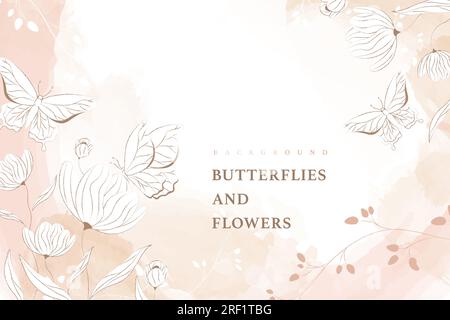 Zarter pinkfarbener botanischer Hintergrund mit Blumen und Schmetterlingen, Aquarellvektor Stock Vektor