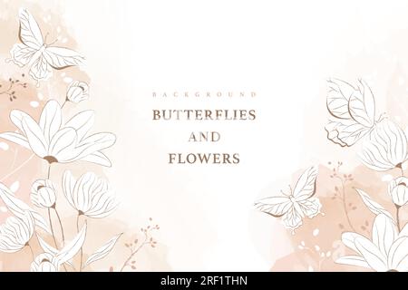 Rosafarbener botanischer Hintergrund mit Blumen und Schmetterlingen an den Ecken Aquarellvektor Stock Vektor