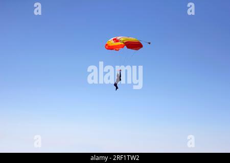 Flug eines erfahrenen Fallschirmjägers mit einem professionellen Fallschirm am Himmel, Orientierung und Landung auf Genauigkeit Stockfoto