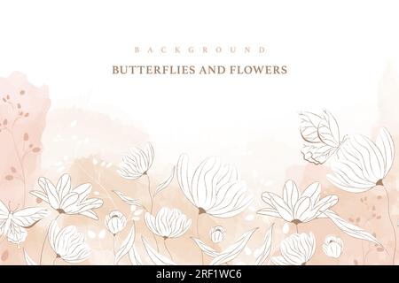 Zarter pinkfarbener botanischer Hintergrund mit Blumen und Schmetterlingen am unteren Vektor der Aquarelle Stock Vektor