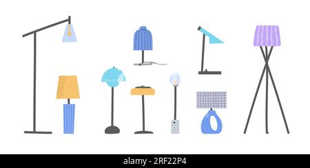 Set aus Steh- und Tischlampen im flachen Cartoon-Stil. Stock Vektor