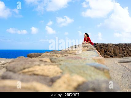 Junge Frau lehnt sich an eine Steinmauer mit Blick auf den hawaiianischen Ozean von einem malerischen Aussichtspunkt aus Stockfoto