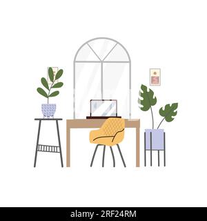 Darstellung des Arbeitsbereichs mit Schreibtisch, Sessel und Laptop in der Nähe des Fensters und der Pflanze. Flacher, handgezeichneter, trendiger Style mit minimalistischen Farben. Stock Vektor