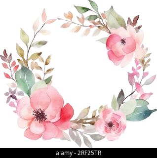 Vektor-Aquarell-Gemälde Kranz mit pinkfarbenen Blumen und Blättern, handbemalter Blumenstrauß isoliert auf weißem Hintergrund. Stock Vektor