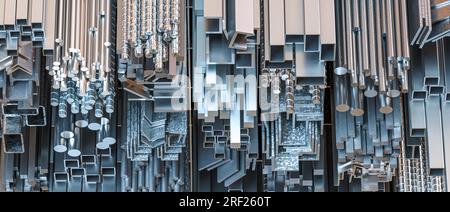 3D-Bild verschiedener Metallprofile und Rohre rendern Stockfoto