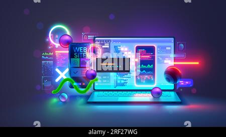 Software-Entwicklungskonzept für Websites. Website-Design und mobile App auf Laptop, Tests am Telefon. Code auf Bildschirm Laptop, laden auf Smartphone von CL Stock Vektor