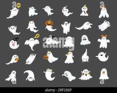 Kleine Geister. Gesichtsausdrücke von gruseligen, glücklichen Geistern Stock Vektor
