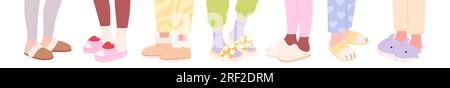 Beine in Hausschuhen, Kinderschuhe zu Hause. Fuß in flauschigen Schuhen, Frauen oder Kinder Pyjamaparty. Gemütliche Winteraccessoires für das Haus, Reizvektorset Stock Vektor