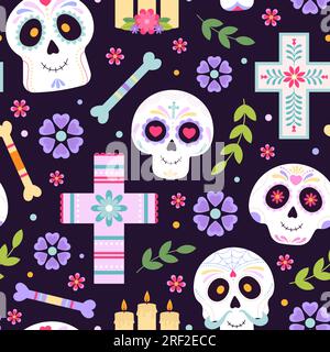 Tag des Todes, nahtloses Muster mit Schädeln, Blumen, Knochen und Kreuz. Dekorativer mexikanischer Stoffdruck, vektorhintergrund für halloween Stock Vektor