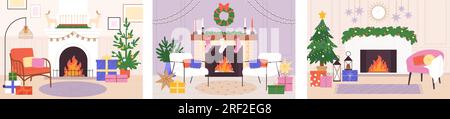 Weihnachtszimmer mit Kamin. Weihnachtsatmosphäre, Ferienräume mit Geschenken, Stühlen und Dekorationen. Elegante Vektorszenen im Winter Stock Vektor