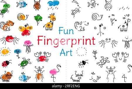 Fingerabdruck-Kunst-Malspiel für Kinder. Kindergartendruckpapier, Zeichnen von Kindergärten. Kids druckt eine klassische Vektorvorlage Stock Vektor