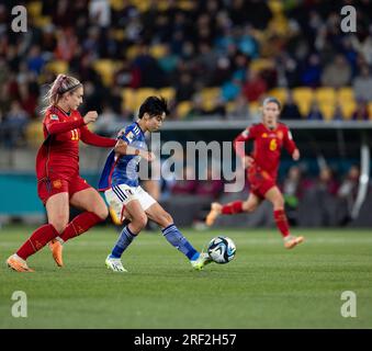 Wellington, Neuseeland. 31. Juli 2023. Wellington, Neuseeland, Juli 31. 2023: Kampf um den Ball beim FIFA Womens World Cup 2023 Fußballspiel zwischen Japan und Spanien im Wellington Regional Stadium in Wellington, Neuseeland. (Ane Frosaker/SPP) Kredit: SPP Sport Press Photo. Alamy Live News Stockfoto