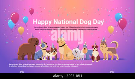 Happy National Hundetag Grußkarte verschiedene niedliche Hundeposten in Hüten Urlaub von Haustieren Konzept horizontal Stock Vektor