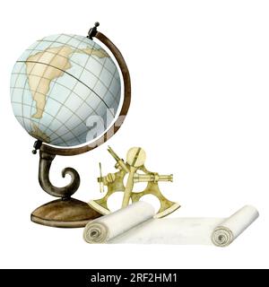 Vintage-Globe, Sextant und Karten-Scroll-Aquarell-Illustration für Segeln, Reisen, Abenteuer-Designs Stockfoto