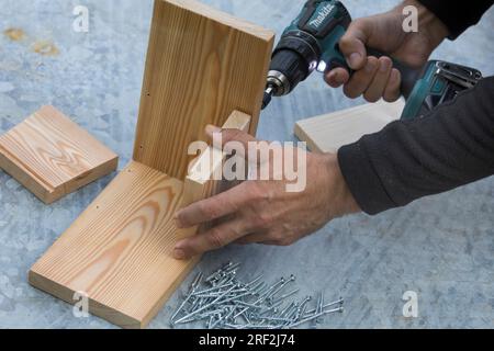 Anfertigung einer Zuführung für Eichhörnchen, Schritt 4: Seitenwände sind auf der Grundplatte befestigt, Serienbild 4/13 Stockfoto