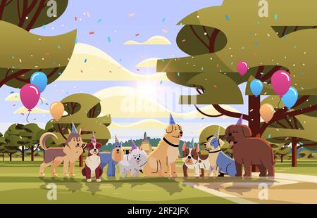 Happy National Hundetag Grußkarte verschiedene niedliche Hundeposten in Hüten Urlaub von Haustieren Konzept horizontal Stock Vektor