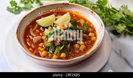 Mexikanisches rotes Pozole, Schweinefleisch und Hominy Stew Stockfoto