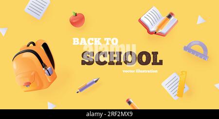 3D Schulbanner für Schreibwaren. Bringen Sie fliegende farbenfrohe Gegenstände von Schülerausrüstung Lehrmittel Rucksack Zubehör für den Marketing Verkauf Akademisches Wissen zurück Vektordarstellung des Bildungsbanners Stock Vektor