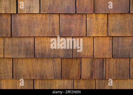 Nahaufnahme der Holzstruktur und des Hintergrunds. Abstellgleis aus Zedernschindel. Raue holprige Schindelverkleidung aus Holz, Reihe aus Holzmaterial mit kleiner Schindelwand. Holz Wand schütteln, Nahaufnahme Textur Stockfoto