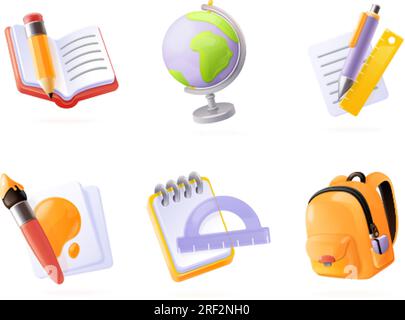 3D Schulsachen. Rendern von Studienwerkzeugen, Kinderschulen, Studenten oder Büros Schreibwaren Notizbuch Radierer Stift Papier Buchrucksack, isometrisches Symbol exakte Vektordarstellung der Schulbildung 3D Stock Vektor