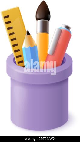 3D Bleistiftbecher. Schreibstiftkoffer mit Büromaterial, Schuletui für Stiftlineal Schreibtischartikel, realistische isometrische, exakte Vektordarstellung von Becher mit Stift Stock Vektor