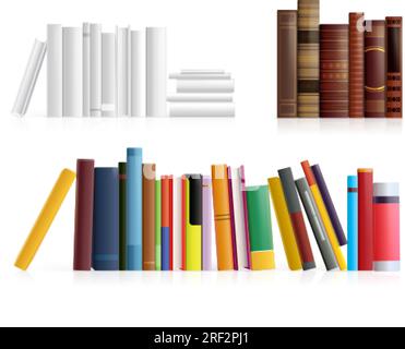 Realistische Buchzeile. 3D Bücher mit festem Einband und Rückseitenansicht für Bücherregal und Bibliothekswand Bücherregal alte antike oder neue leere Broschürenmodelle exakte Vektordarstellung der Bibliothek im Büro Stock Vektor