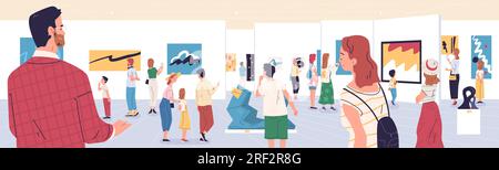Leute in der Kunstgalerie. Öffentliche Ausstellungen Besuchergruppen schauen Gemälde und Ausstellungen im Inneren des Museums oder der Eremitage, Kulturtourismus Vektor Illustration der Galerie Ausstellungskunst Stock Vektor