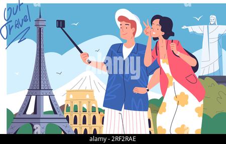 Touristen machen Selfie. Liebhaber fotografieren am Telefon in Romantik Reise Sommerurlaub, Freundin Freund Sightseeing Adventure Urlaub, Vektordarstellung von Ehepaar Selfie Reisen Stock Vektor